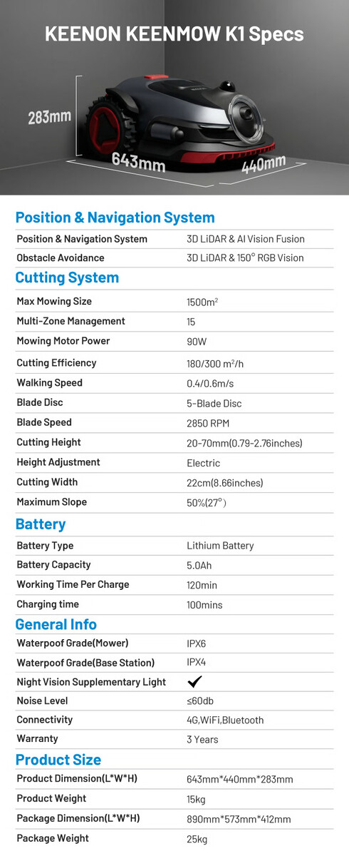 A Keenmow K1 jellemzői