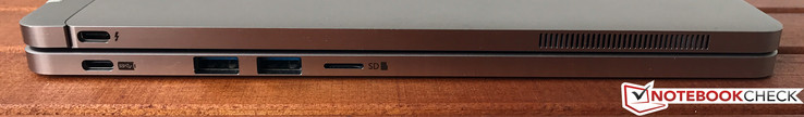 Left side: USB-C w/ Thunderbolt 3, ventilation (tablet), USB-C 3.1 w/ Power Delivery, 2x USB-A 3.0, microSD (keyboard)