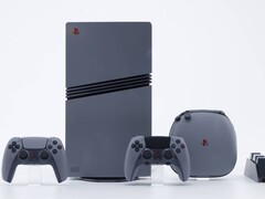 Korlátozott példányszámú PlayStation 5 Pro 30th Anniversary konzol retro szürke színben, két hozzá illő DualSense kontrollerrel, egy hordtáskával és egy kontroller töltő dokkolóval. (Kép forrása: Sony Interactive Entertainment)
