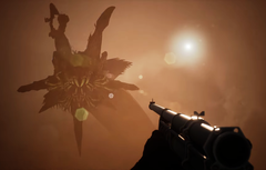 Icarus Steam deal teaser, melyben a főszereplő óriásféregre céloz. 