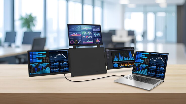 A képen az Acer PD163Q hordozható monitor látható, amely képernyőbővítési módban van összekapcsolva egy laptopmal.