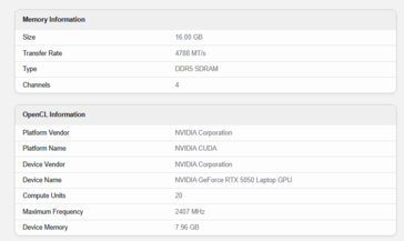 GeForce RTX 5050 laptop specifikáció (kép forrása: Geekbench)