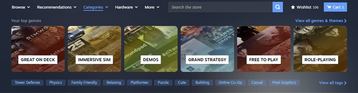 Az új "Kategóriák" fül a játékosok felhasználói viselkedéséhez igazodik. (Kép forrása: Steam)