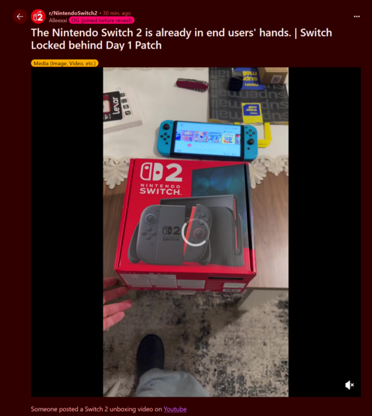 Nintendo Switch 2 kicsomagolós videó Reddit-poszt (Kép forrása: Nintendo Switch 2 subreddit)
