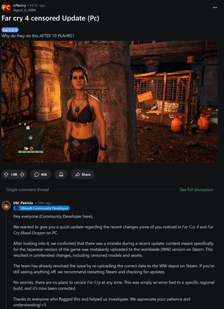 Far Cry 4 cenzúra bejegyzés a Redditen (Kép forrása: screenshot, Far Cry 4 subreddit)