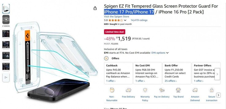A Spigen kiszivárgott Amazon-oldal frissítésének állítólagos képernyővétele. (Forrás: GSMArena)