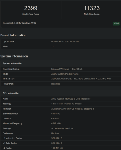 AMD Ryzen 5 7500X3D Geekbench pontszám (kép forrása: Geekbench)