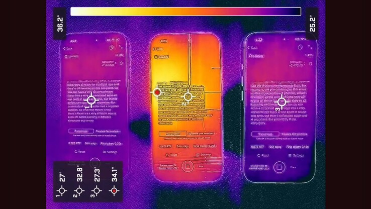 Apple iPhone 17 Pro (balra) vs iPhone 16 Pro (középen) vs iPhone 17 (jobbra) hűtési teljesítmény. (Kép forrása: Argmax)