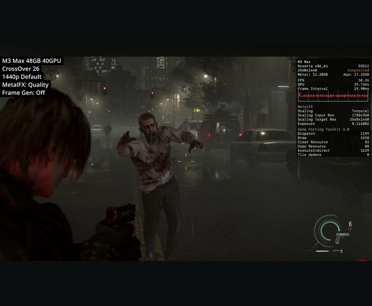 Resident Evil Requiem fut M3 Max Mac-en CrossOver 26-on keresztül 1440p-n 1440p-n MetalFX minőséggel, ami körülbelül 50 FPS-t mutat.