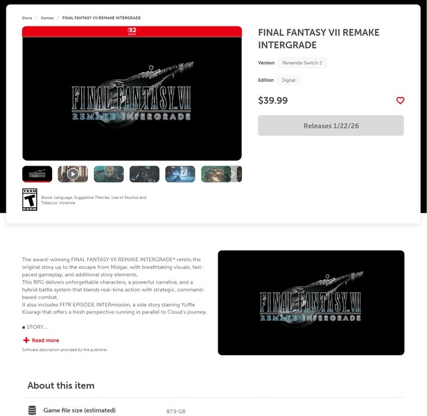 Final Fantasy 7 Remake Intergrade Nintendo eShop listázása a fájlmérettel (Kép forrása: screenshot, Nintendo eShop)