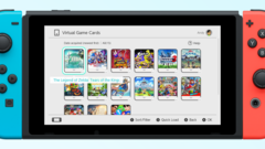 Virtuális játékkártya menü a Nintendo Switch felületén, amelyen olyan népszerű címek jelennek meg, mint a The Legend of Zelda: Tears of the Kingdom, a Splatoon 3 és a Pokémon Scarlet. (Kép forrása: Nintendo)