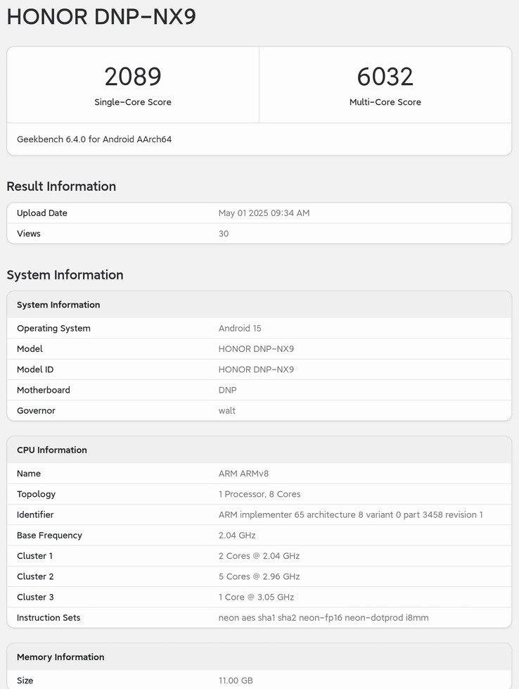 A "Honor 400 Pro" a Geekbench-en.  (Forrás: Geekbench via Digital Chat Station)