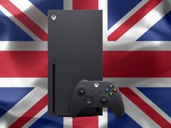 Xbox Series X az Egyesült Királyság zászlaja előtt