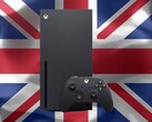 Xbox Series X az Egyesült Királyság zászlaja előtt
