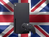 Xbox Series X az Egyesült Királyság zászlaja előtt