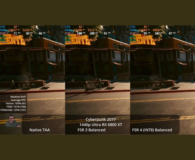 A Cyberpunk 2077 1440p Ultra felbontásban futó Cyberpunk 2077 összehasonlítása oldalról oldalra egy RX 6800 XT-n, a Native TAA, FSR 3 Balanced és FSR 4 Balanced beállításokkal. (Kép forrása: Daniel Own via YouTube)