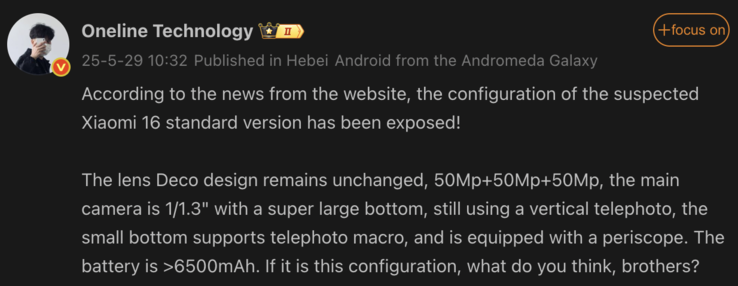 Kiszivárgott részletek a Xiaomi 16. (Kép forrása: Weibo - gépi fordítás)