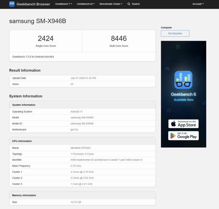 A készülékben található MediaTek Dimensity 9500 processzor az egymagos tesztben 2 424, a többmagos tesztben pedig 8 446 pontot ért el, a tesztelt készülékben 12 GB RAM-mal.