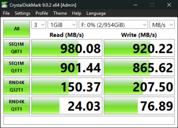 SSD írási és olvasási sebességek macOS rendszeren a Spacemate RD1 Pro segítségével.