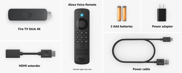 Mindhárom streaming stick HDMI-kiterjesztővel, hálózati adapterrel és a távirányítóhoz szükséges elemekkel érkezik. (Kép forrása: Amazon)