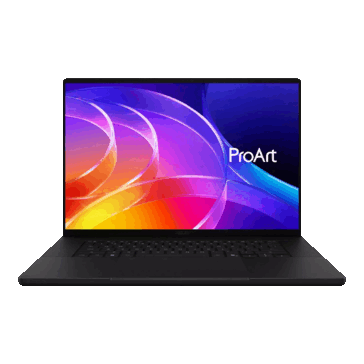 Asus ProArt P16 elölnézetből, látható kijelzővel és billentyűzettel