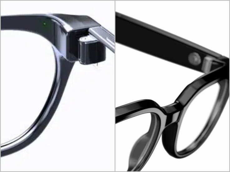 LED-jelzőfény a keret belsejében (bal oldalon) és a Warby Parker „ Galaxy ” szemüveg közelképe. 