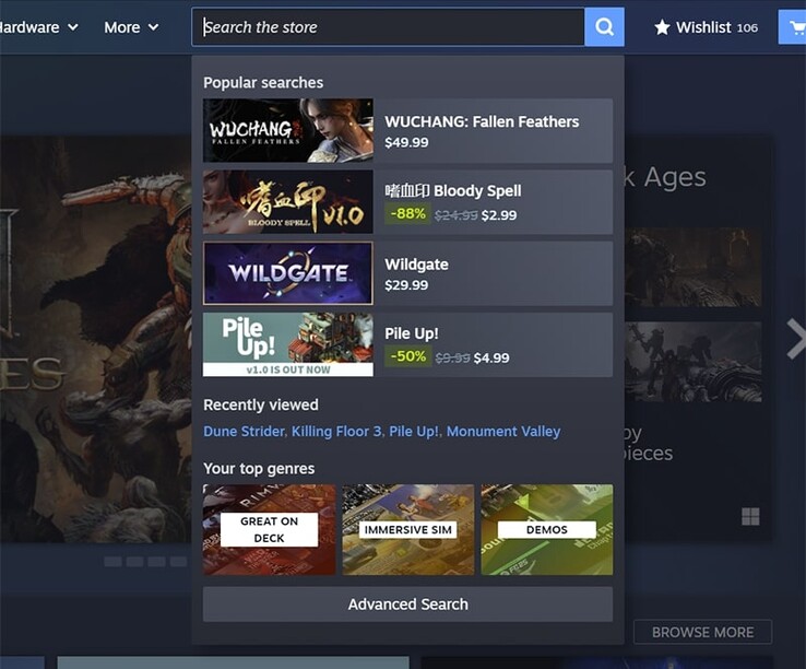 Az új keresési funkció mostantól más felhasználók népszerű keresési lekérdezéseit is megjeleníti. (Kép forrása: Steam)