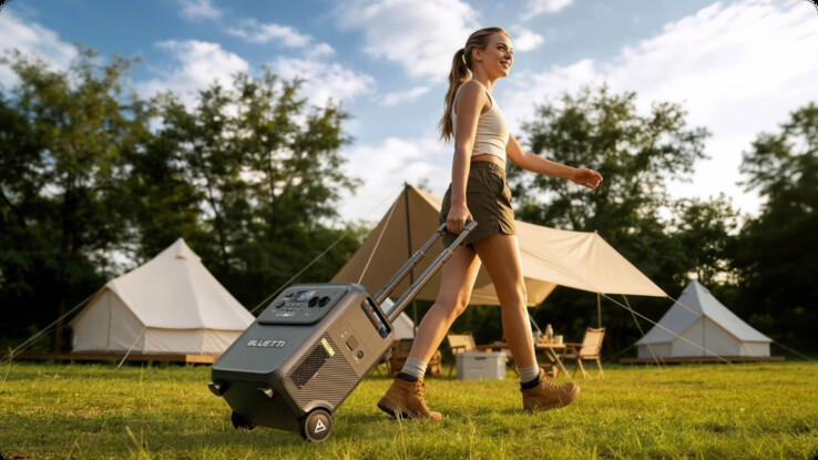 A teleszkópos fogantyú és a kerekek megkönnyítik a Bluetti Elite 400 szállítását.