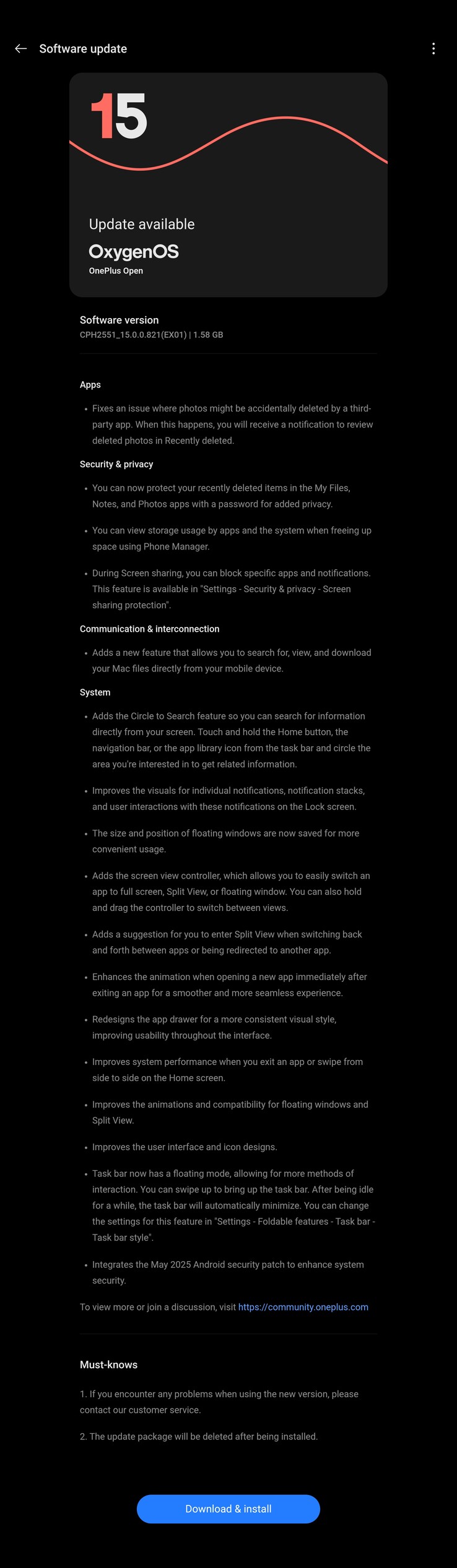 A teljes OxygenOS 15.0.0.821 changelog. (Forrás: OnePlus)