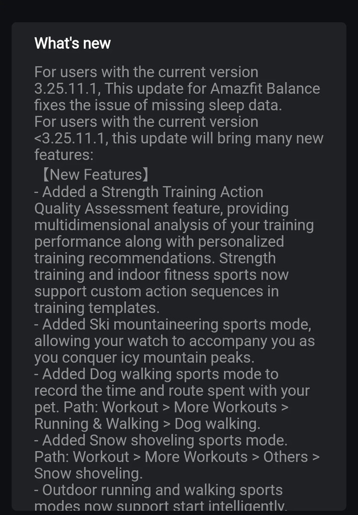 Az Amazfit Balance okosóra 3.25.12.3 verziójának változásnaplója. (Kép forrása: u/SabretoothPenguin via Reddit)