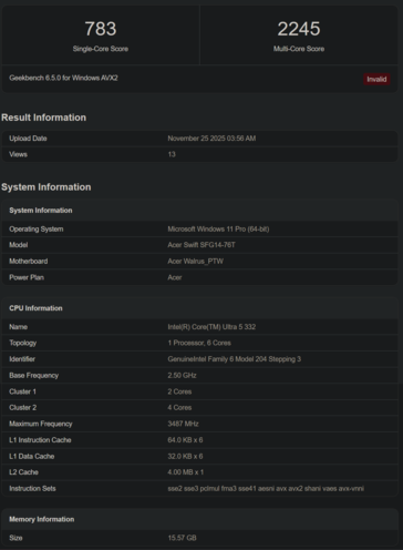 Intel Core Ultra 5 332 Geekbench lista (kép forrása: Geekbench)