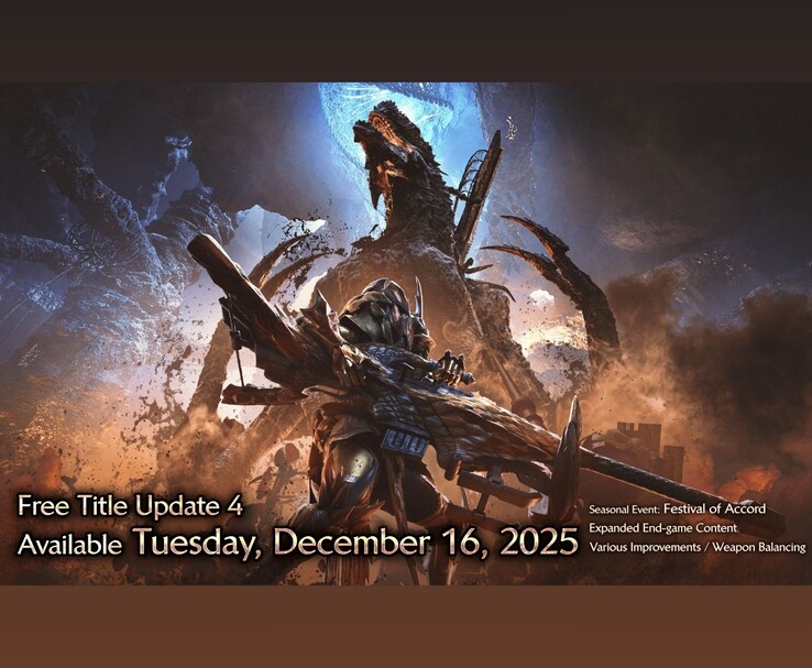 A 2025. december 16-án megjelenő, a Festival of Accord eseményt és más frissítéseket tartalmazó Free Title Update 4-et kiemelő Monster Hunter Wilds promóciós grafikája (Kép forrása: Capcom)