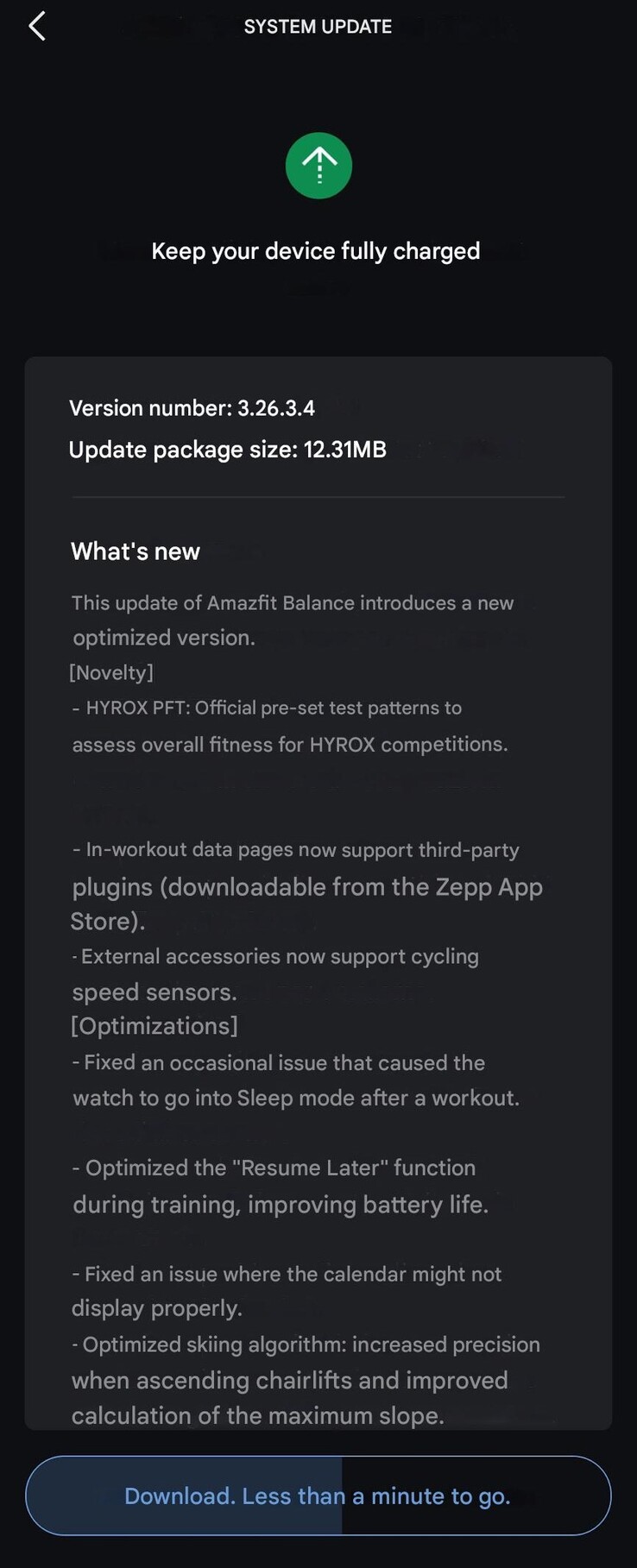Az Amazfit Balance okosóra 3.26.3.4 verziójának kiadási megjegyzései. (Kép forrása: u/SensitiveClock3479 via Reddit, machine translated)
