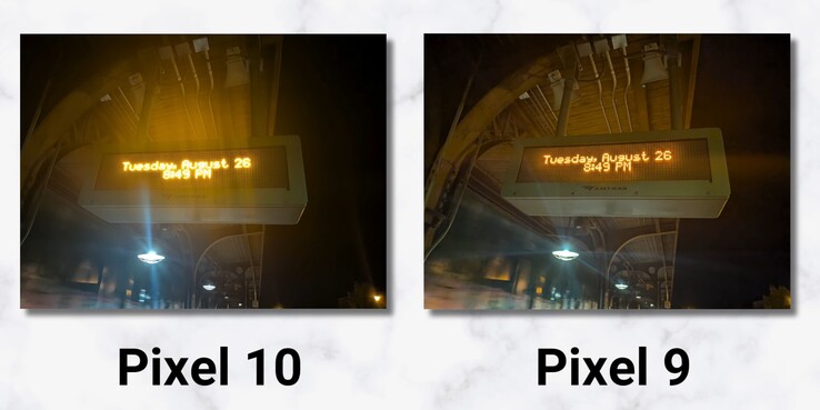 A Pixel 10 és a Pixel 9 összehasonlító mintakép (Kép forrása: 9to5Google via Youtube)