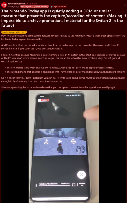 Nintendo Today! app DRM korlátozások (Kép forrása: screenshot, Nintendo Switch 2 subreddit)