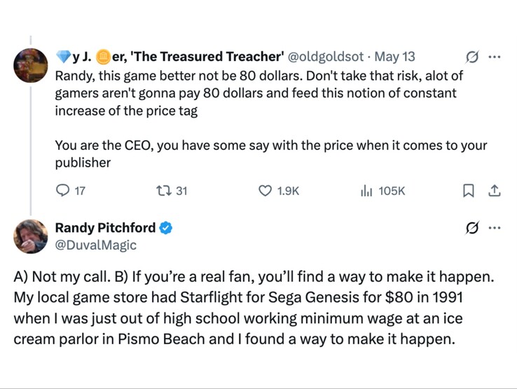 Randy Pitchford válasza egy rajongó megjegyzésére a Borderlands 4 árával kapcsolatban. (Kép forrása: Randy Pitchford on X)