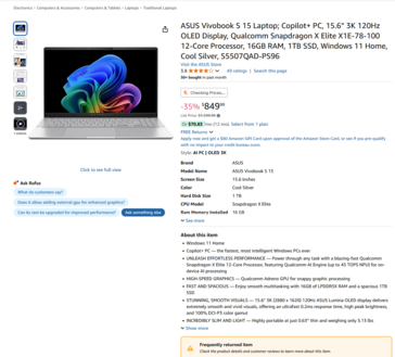 Asus Vivovook S 15 Amazon hirdetése ugyanezzel a figyelmeztetéssel (kép forrása: Amazon)