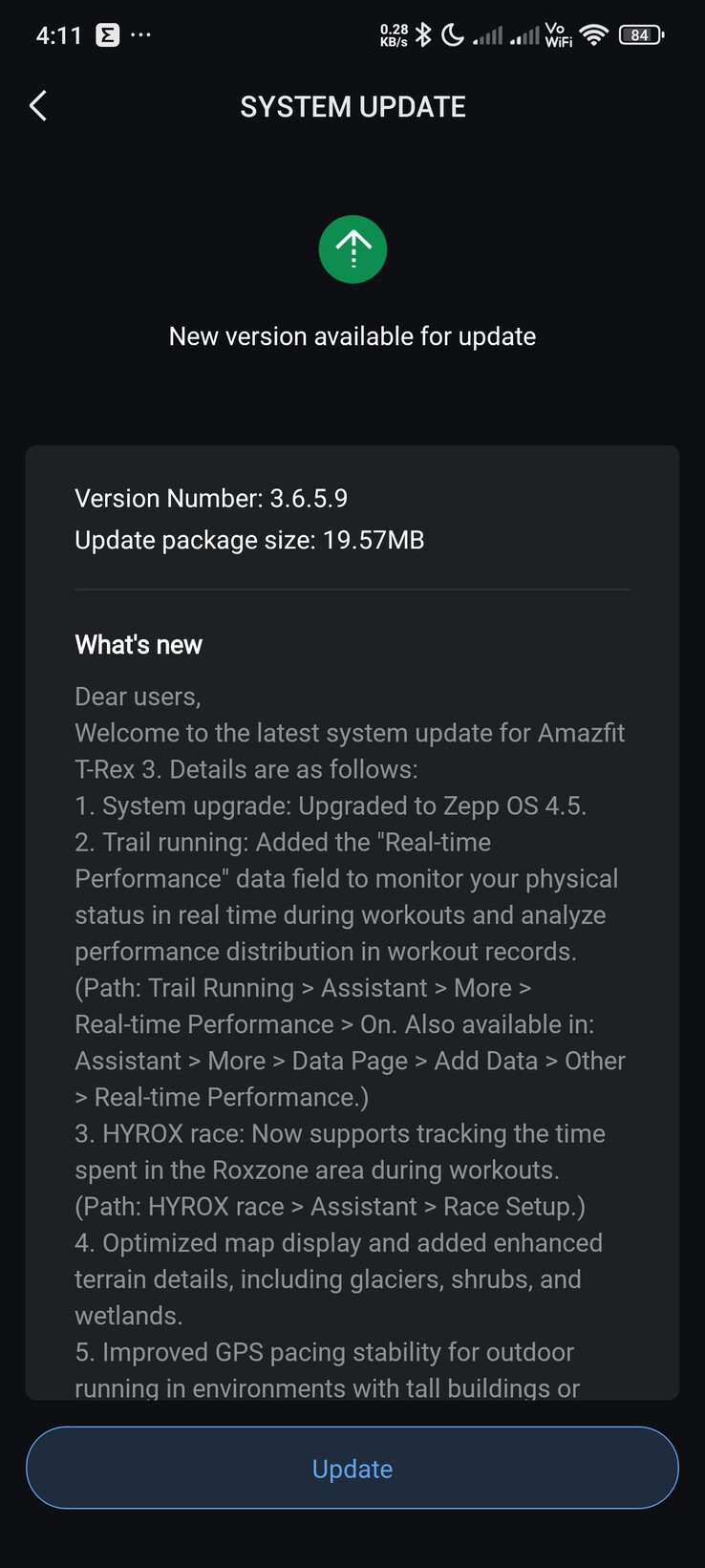 Az Amazfit T-Rex 3 okosóra 3.6.5.9-es verziójának kiadási megjegyzései. (Kép forrása: Facebook)