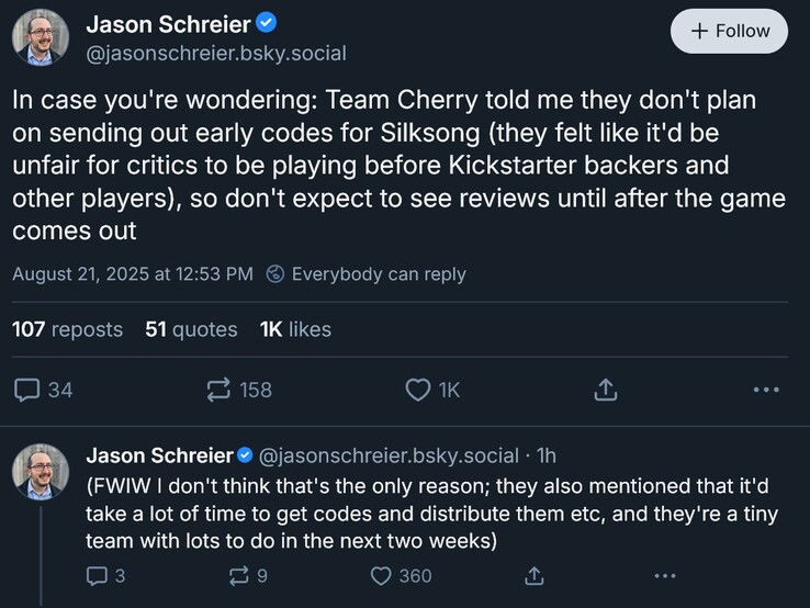 Jason Schreier Hollow Knight: Silksong reviews update (Kép forrása: screenshot, Jason Schreier Bluesky account)