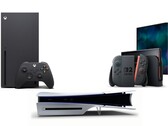 A képen látható az Xbox Series X, a Sony PS5 Slim Disc Edition és a Nintendo Switch 2