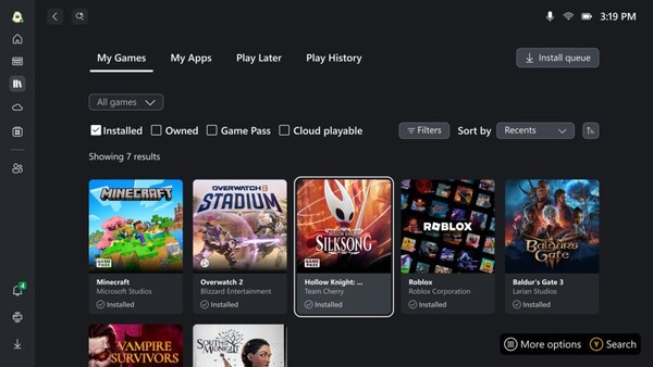 Az Xbox teljes képernyős élménye egy új, kifejezetten a játékkéziszámítógépekhez tervezett kezelőfelületet hoz. (Kép forrása: Microsoft)