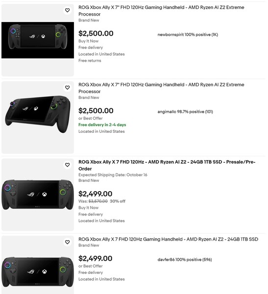Asus ROG Xbox Ally X árak az eBay-en (Kép forrása: screenshot, eBay)