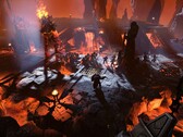 Egy kép, amely egy tűzóriás elleni csatát mutat az Age of Wonders 4-ben.