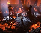 Egy kép, amely egy tűzóriás elleni csatát mutat az Age of Wonders 4-ben.