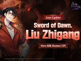 A Sword of Dawn karakterbanner hivatalos promóciós grafikája, amely Liu Zhigangot, az SSR vadászát mutatja be.