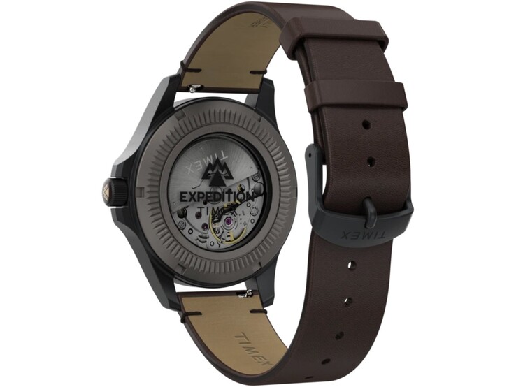 A Timex Expedition Field Post Titanium hátsó nézete, amelyen látható a látványos hátlap, az automata szerkezet és a barna bőr szíj.