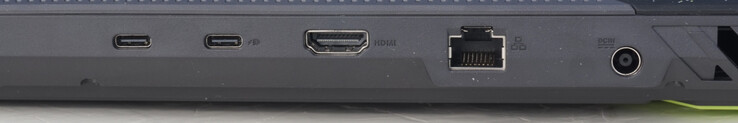 Connections back: USB-C (10 Gbit/s, DP, G-Sync), USB-C (10 Gbit/s, DP, PD), HDMI 2.1 FRL, LAN port (1 Gbit/s), power port