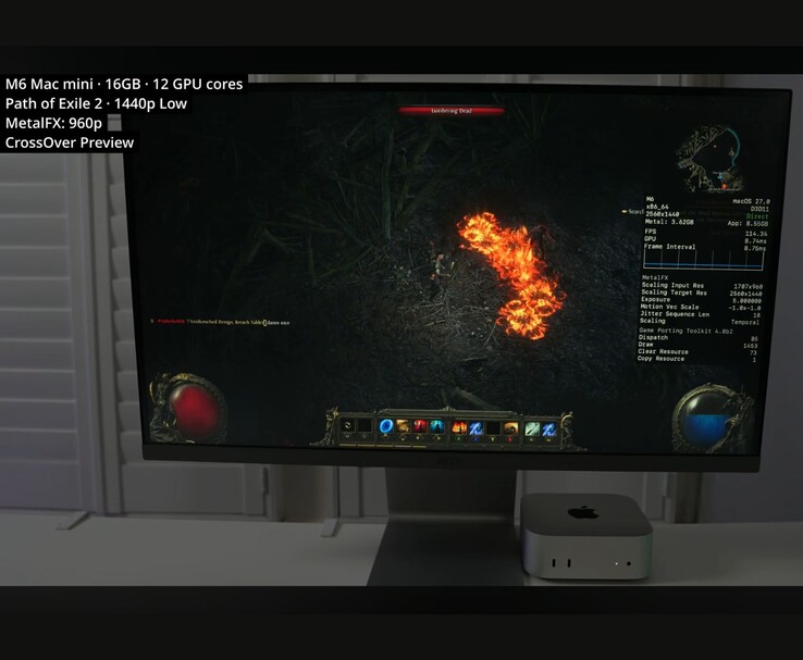 A Path of Exile 2 egy 16 GB-os M6 Mac mini-n fut a CrossOver segítségével, 1440p-s felbontáson, alacsony beállításokkal.
