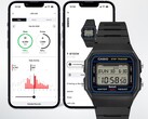 A Casio F-B100W digitális karóra két okostelefon-képernyő előtt látható, amelyek a hozzá kapcsolódó Life Log alkalmazást jelenítik meg a lépésszám- és aktivitáskövetési adatokkal.