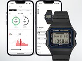 A Casio F-B100W digitális karóra két okostelefon-képernyő előtt látható, amelyek a hozzá kapcsolódó Life Log alkalmazást jelenítik meg a lépésszám- és aktivitáskövetési adatokkal.